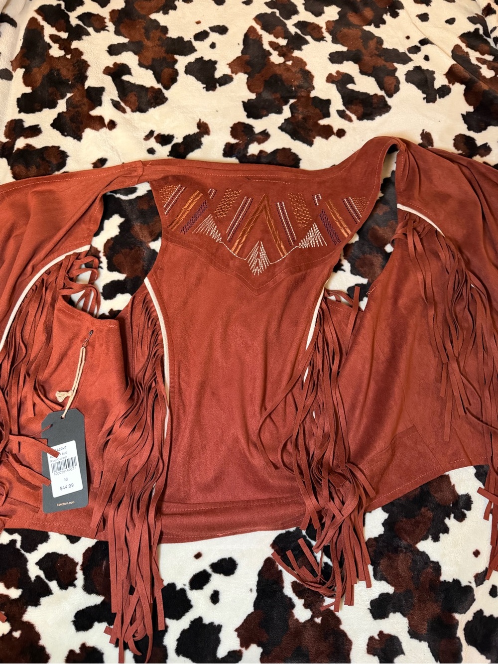 Shyanne Rust Fringe Suede Cardigan with Tribal Embroidery